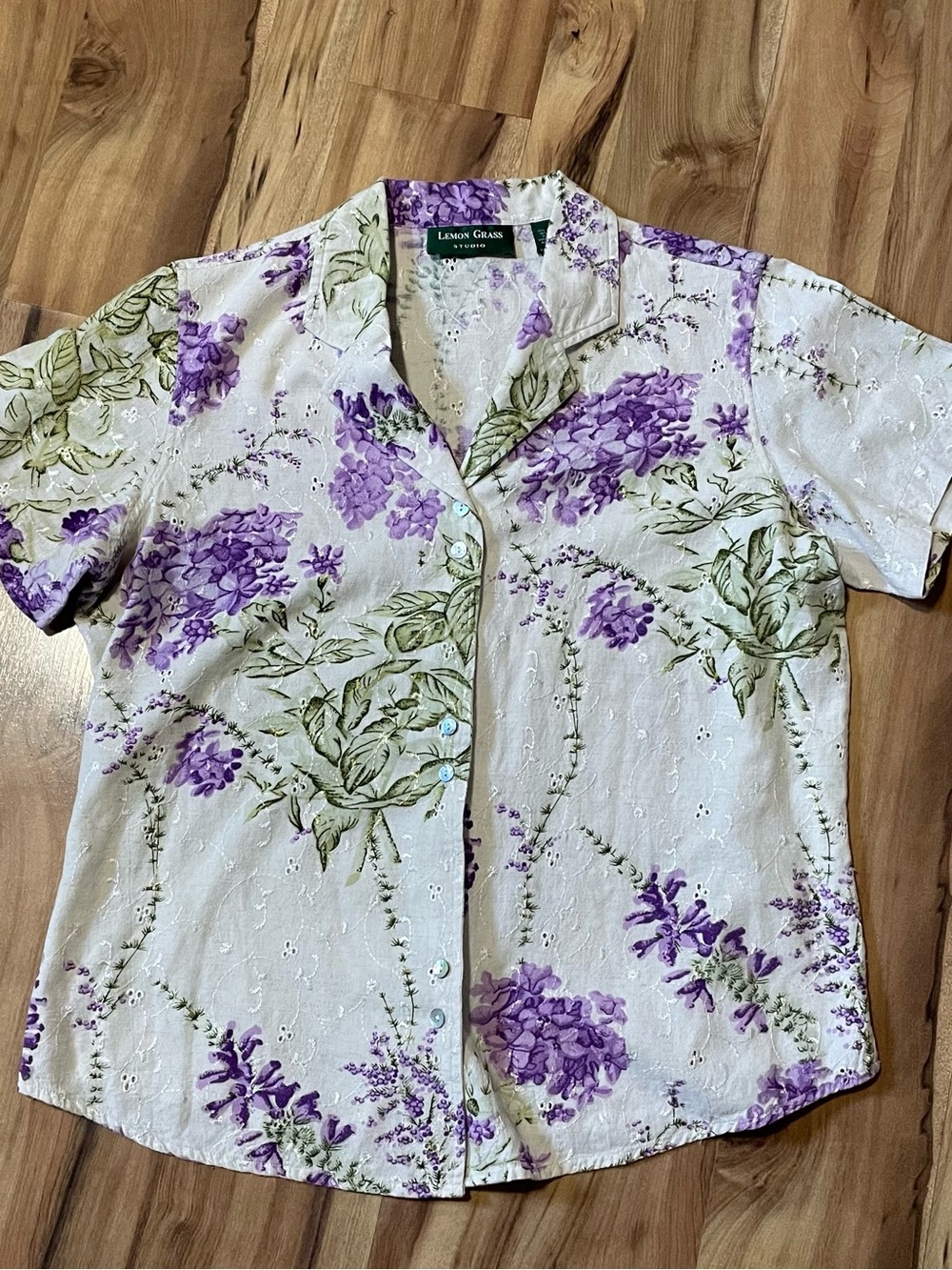 Lemon Grass Studio Floral Eyelet Button Up Cottagecore Linen Blend Blouse Med